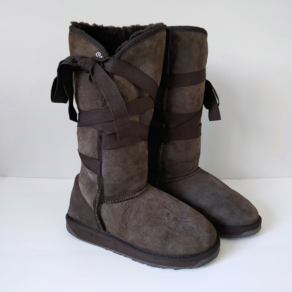 Emu Hip Ribbon Wrap Boots Suede Sheepskin Wool Boots Size 7.5 Brown